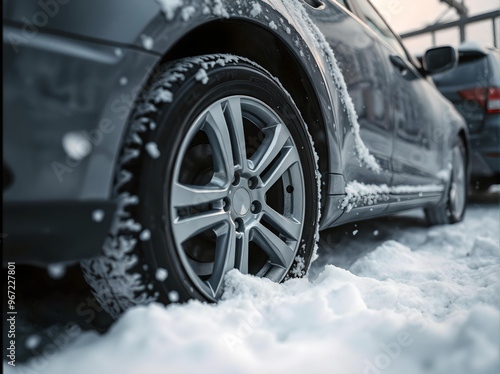 Car wheel close-up stuck in the snow