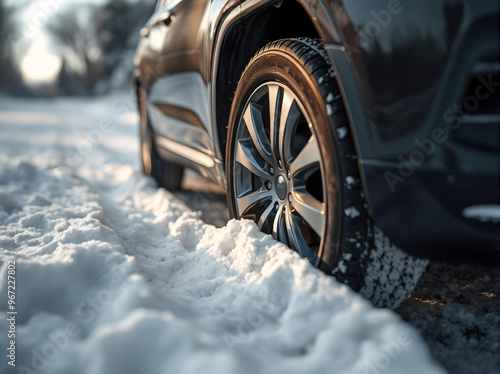Car wheel close-up stuck in the snow