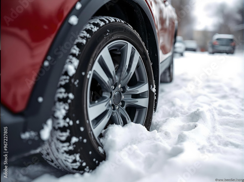 Car wheel close-up stuck in the snow