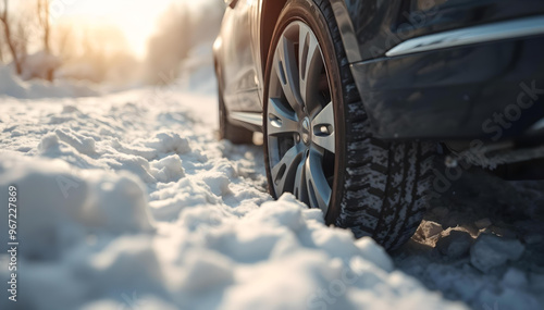 Car wheel close-up stuck in the snow