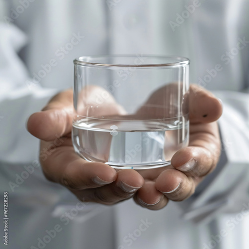 Close up researcher holding glassware