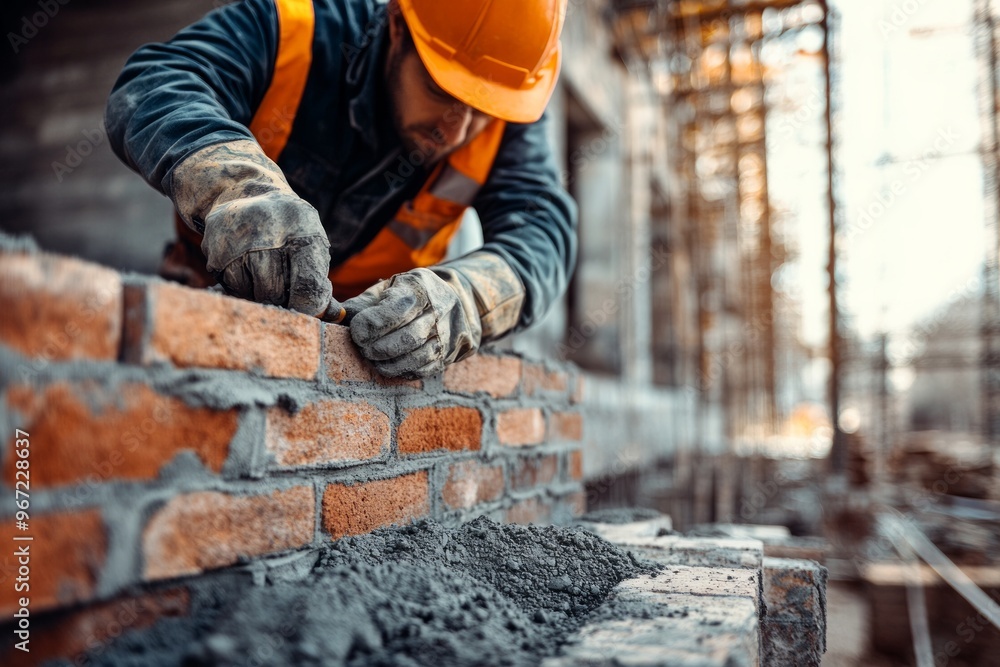 Worker laying bricks. Construction industry concept