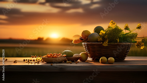 A serene, minimalist landscape with a vast, open field under a golden sunset. A few overflowing baskets of fruits and grains sit calmly in the foreground, symbolizing natural abundance and prosperity.