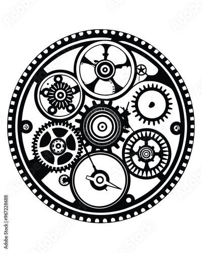 Generate a black and white image of an intricate mechanical clock with multiple gears interlocked together.