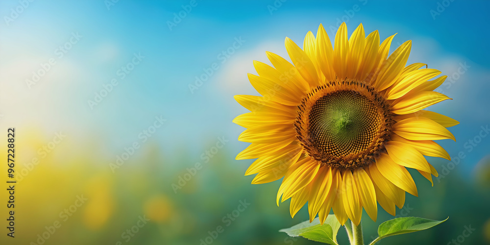 Fototapeta premium Bright and vibrant sunflower on background, sunflower, yellow, bright, isolated, floral, bloom, petals, sunny, nature, summer