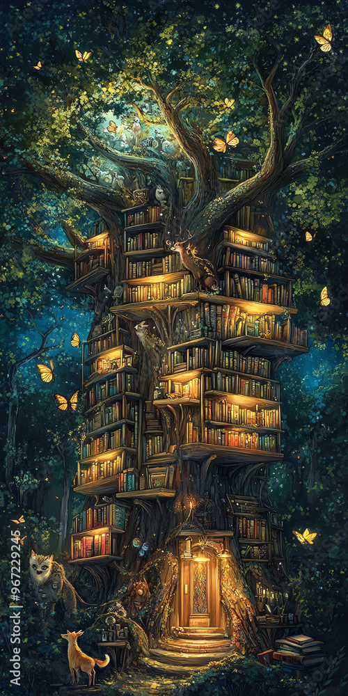 Fototapeta premium Whimsical treehouse library illuminated at night surrounded by glowing butterflies in a magical forest ambiance.