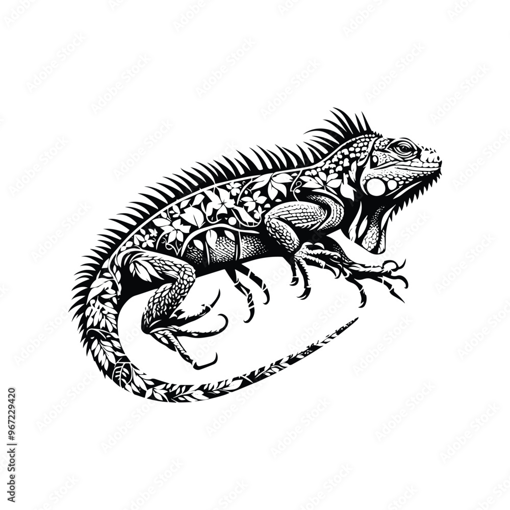 Iguana reptile made by simple botanical drawing, black and white animal illustration Iguana reptile made by simple botanical drawing, black and white animal illustration