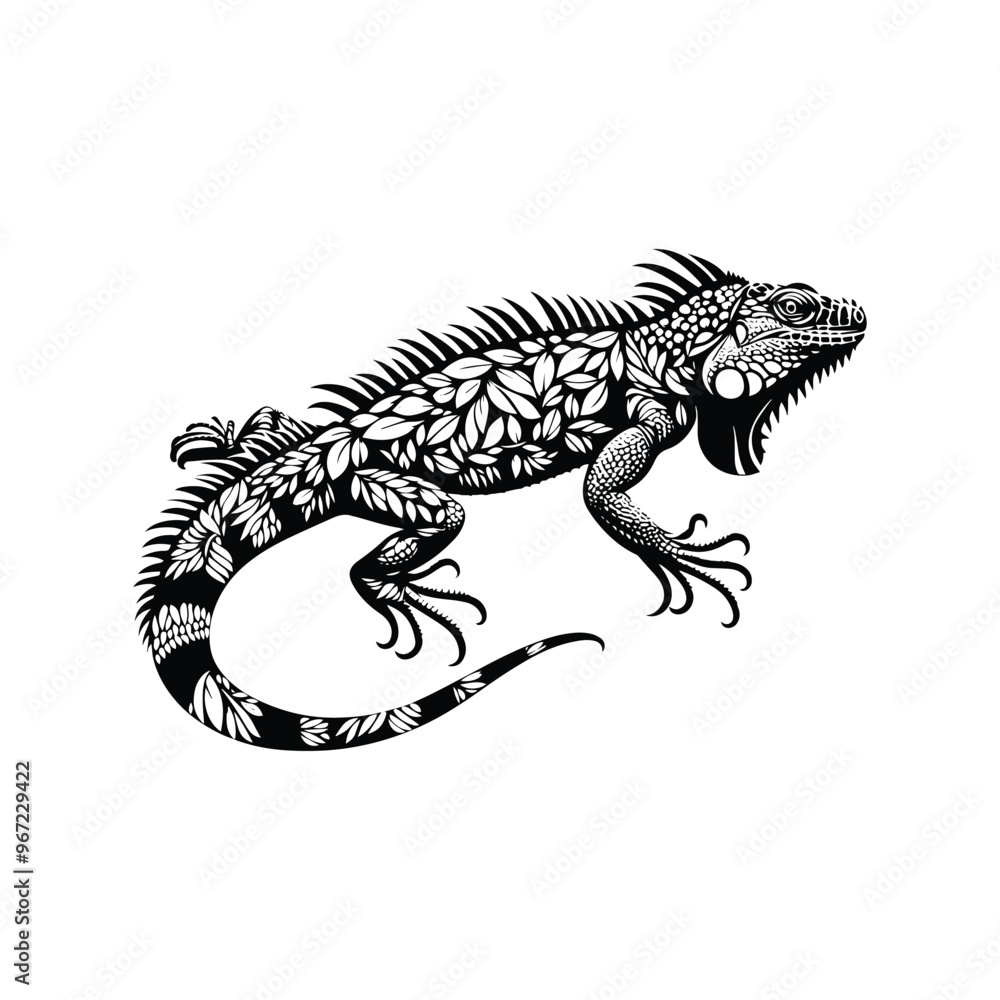 Naklejka premium Iguana reptile made by simple botanical drawing, black and white animal illustration