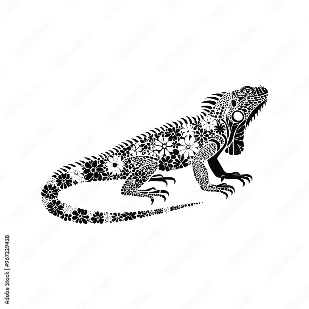 Fototapeta premium Iguana reptile made by simple flower drawing, black and white animal illustration