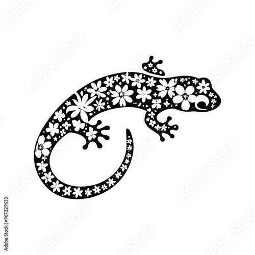 salamander made by simple flower drawing, black and white animal illustration