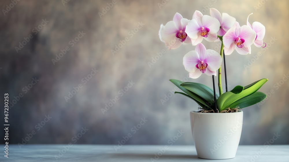 Elegant pink orchids in a minimalist white pot displayed against a soft, blurred background for a serene indoor atmosphere Elegant pink orchids in a minimalist white pot displayed against a soft, blurred background for a serene indoor atmosphere
