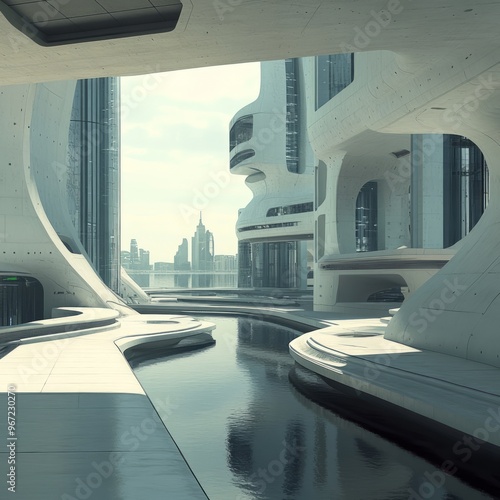 Futuristic city with a water channel. photo