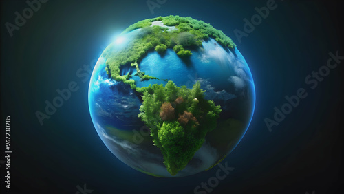 Fototapeta Naklejka Na Ścianę i Meble -  Green planet with lush forests and blue oceans, resembling Earth, set against a stark black background, space