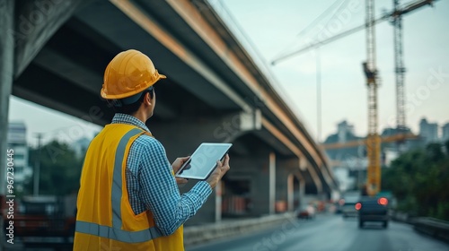 Engineer Inspecting Construction Site with Tablet