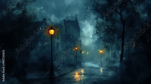 A serene, atmospheric night scene featuring foggy street illuminated by glowing street lamps. reflections on wet pavement enhance mysterious ambiance.