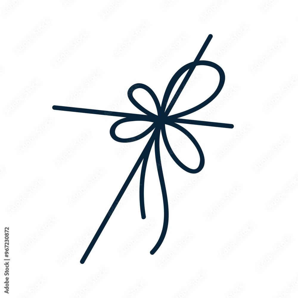 String bow, knot decoration. Tied rope, thin thread, lace with decorative shaped loops. Ribbon, cord for festive gift box decor. Hand-drawn graphic vector illustration isolated on white background String bow, knot decoration. Tied rope, thin thread, lace with decorative shaped loops. Ribbon, cord for festive gift box decor. Hand-drawn graphic vector illustration isolated on white background