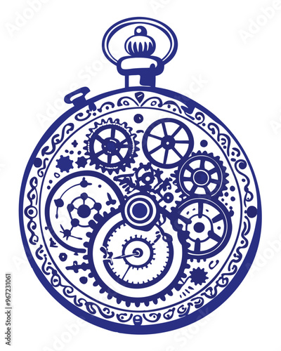 A detailed vector illustration of an intricate old pocket watch with a blue and white color scheme.