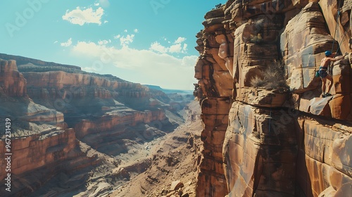 A man rock climbing on rugged cliffs in Indian Creek, Utah, with dramatic rock formations and a clear blue sky in the background photo