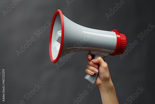 A close-up image of a person's hand holding a red and white megaphone against a dark background, symbolizing communication, announcement, and amplification