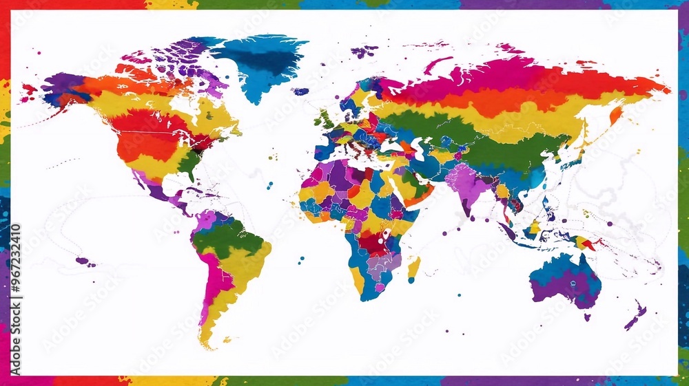 Fototapeta premium Rainbow water color splatter art style World map