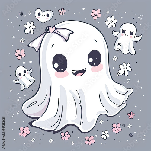 Cute kawaii ghost girl with bow and flowers. Halloween character. Nursery art style