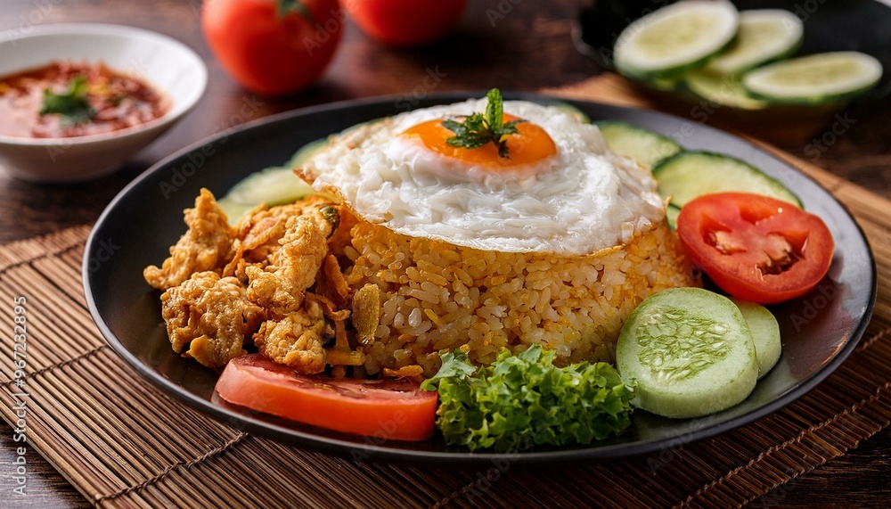 A plate of flavorful Indonesian Nasi Goreng, featuring stir-fried rice mixed with fresh vegetables, chicken, and topped with a fried egg, garnished with fresh herbs A plate of flavorful Indonesian Nasi Goreng, featuring stir-fried rice mixed with fresh vegetables, chicken, and topped with a fried egg, garnished with fresh herbs
