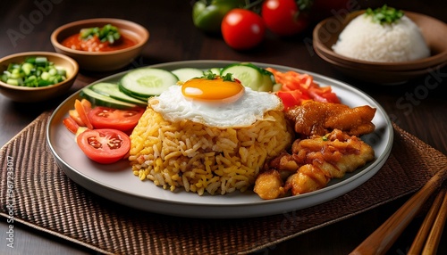 A plate of flavorful Indonesian Nasi Goreng, featuring stir-fried rice mixed with fresh vegetables, chicken, and topped with a fried egg, garnished with fresh herbs