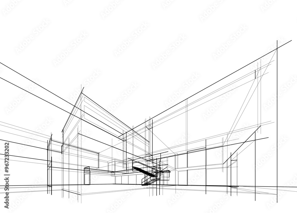 Architectural sketch of modern building vector 3d illustration Architectural sketch of modern building vector 3d illustration