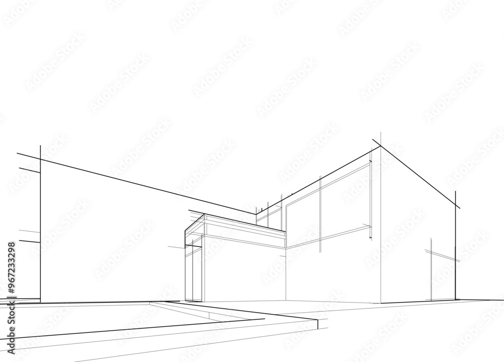 Architectural sketch of modern building vector 3d illustration Architectural sketch of modern building vector 3d illustration
