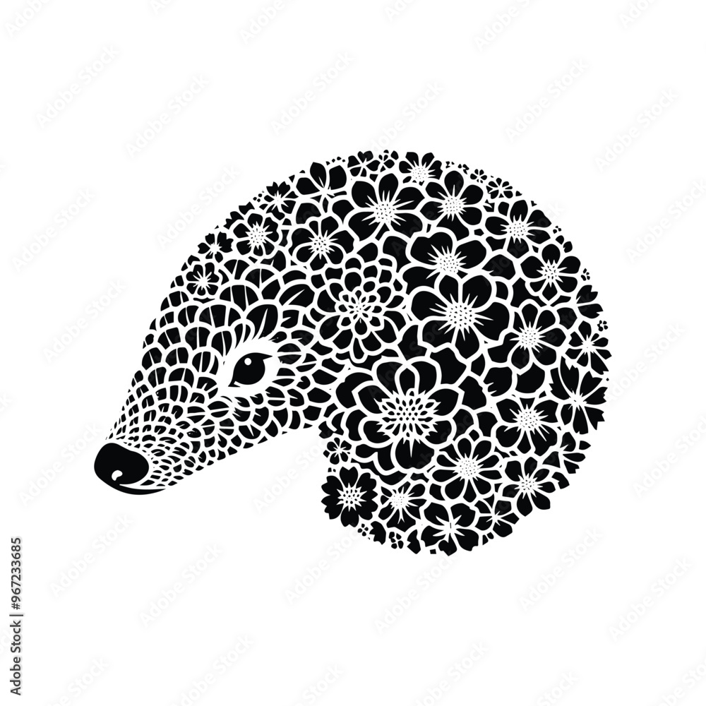 Fototapeta premium Pangolin made by simple flower drawing, black and white animal illustration