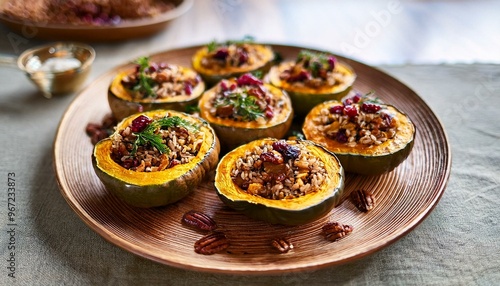 Wallpaper Mural  Platter of beautifully presented stuffed acorn squash, filled with a tasty mixture of wild rice, dried cranberries, and spices, perfect for a festive meal. Torontodigital.ca