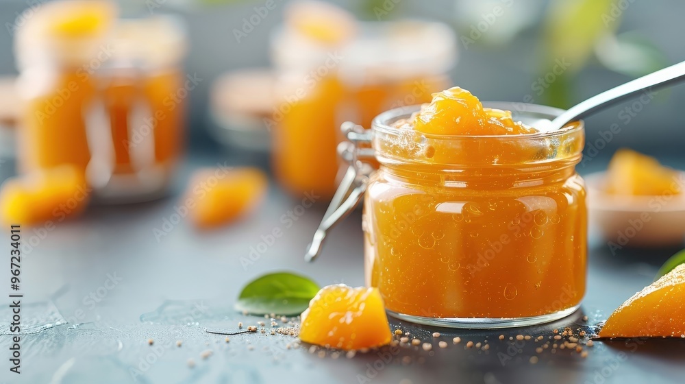 Close-up of a spoon scooping bright orange pumpkin jam from a glass jar, with visible pumpkin chunks and a hint of nutmeg. Close-up of a spoon scooping bright orange pumpkin jam from a glass jar, with visible pumpkin chunks and a hint of nutmeg.