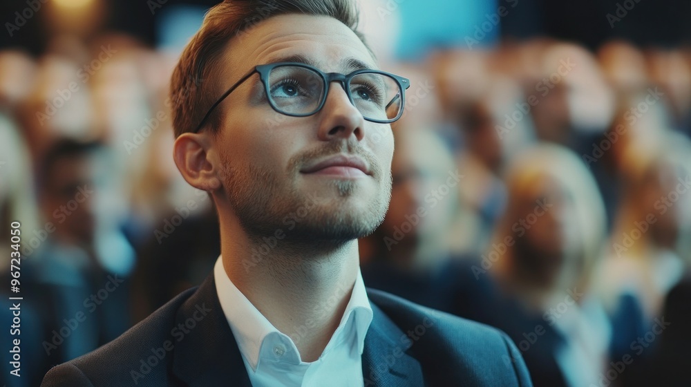Fototapeta premium Man in Glasses Looking Up in Audience