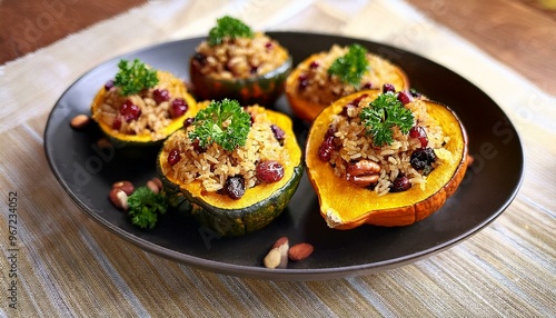  Platter of beautifully presented stuffed acorn squash, filled with a tasty mixture of wild rice, dried cranberries, and spices, perfect for a festive meal.