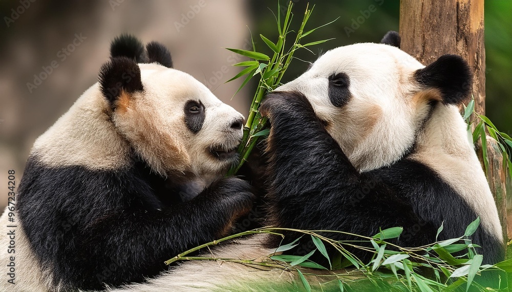 Naklejka premium Gentle giant panda pair munching on bamboo