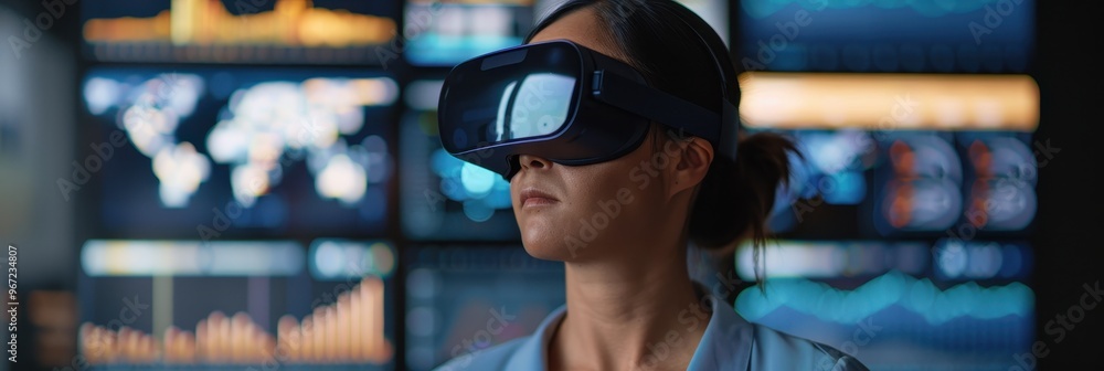 Close-up of a woman wearing a virtual reality headset, with data visualizations and digital charts displayed on screens in the background. Close-up of a woman wearing a virtual reality headset, with data visualizations and digital charts displayed on screens in the background.