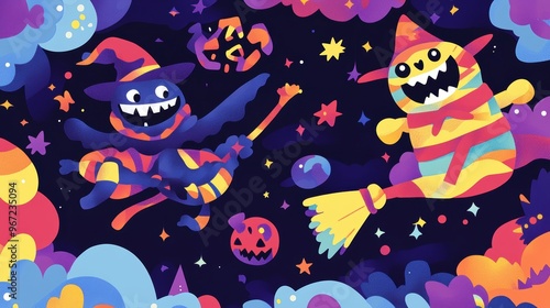 A whimsical vector depiction of playful witches, candy, and fun creatures celebrating Halloween under a starry sky filled with vibrant colors