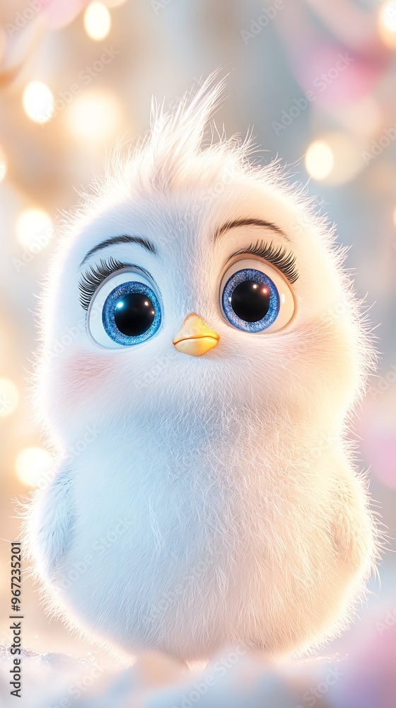Cute Fluffy White Bird With Big Blue Eyes in Dreamy Soft Light Cute Fluffy White Bird With Big Blue Eyes in Dreamy Soft Light