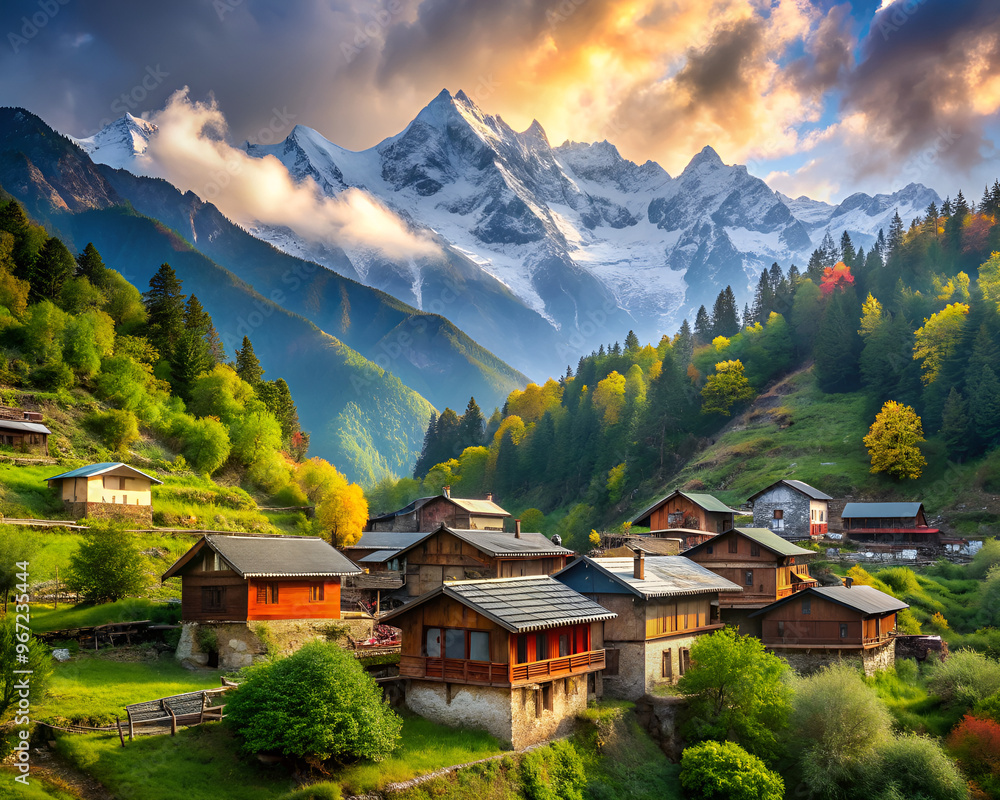 Fototapeta premium beautiful mountain village with traditional colorful houses