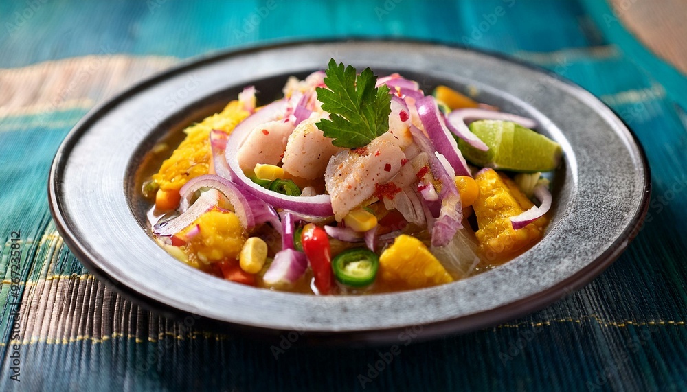A refreshing Peruvian ceviche featuring fresh fish marinated in lime juice, mixed with onions, cilantro, and spices, served with a side of crunchy corn and sweet potato. A refreshing Peruvian ceviche featuring fresh fish marinated in lime juice, mixed with onions, cilantro, and spices, served with a side of crunchy corn and sweet potato.