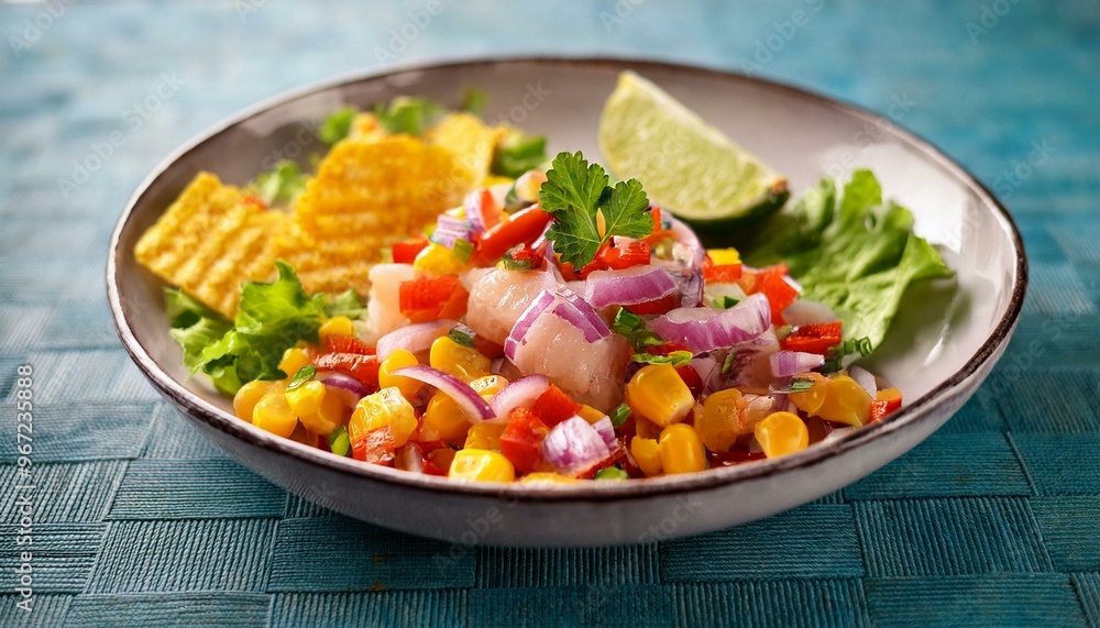 A refreshing Peruvian ceviche featuring fresh fish marinated in lime juice, mixed with onions, cilantro, and spices, served with a side of crunchy corn and sweet potato. A refreshing Peruvian ceviche featuring fresh fish marinated in lime juice, mixed with onions, cilantro, and spices, served with a side of crunchy corn and sweet potato.