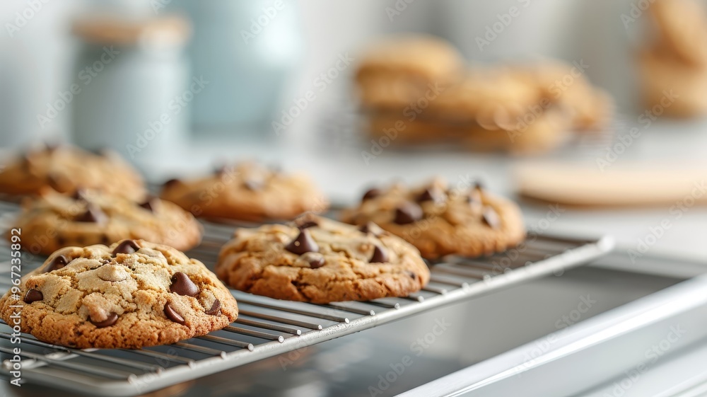 A modern convection oven displays a tray of freshly baked chocolate chip cookies. A modern convection oven displays a tray of freshly baked chocolate chip cookies.