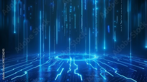 Wallpaper Mural A captivating blue digital background with cascading lines of light, creating a futuristic atmosphere for technology themes. Stage for product presentation. Torontodigital.ca