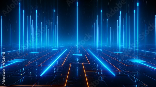 A captivating digital landscape featuring glowing blue and orange lines, creating a futuristic visual experience. Stage for product presentation.