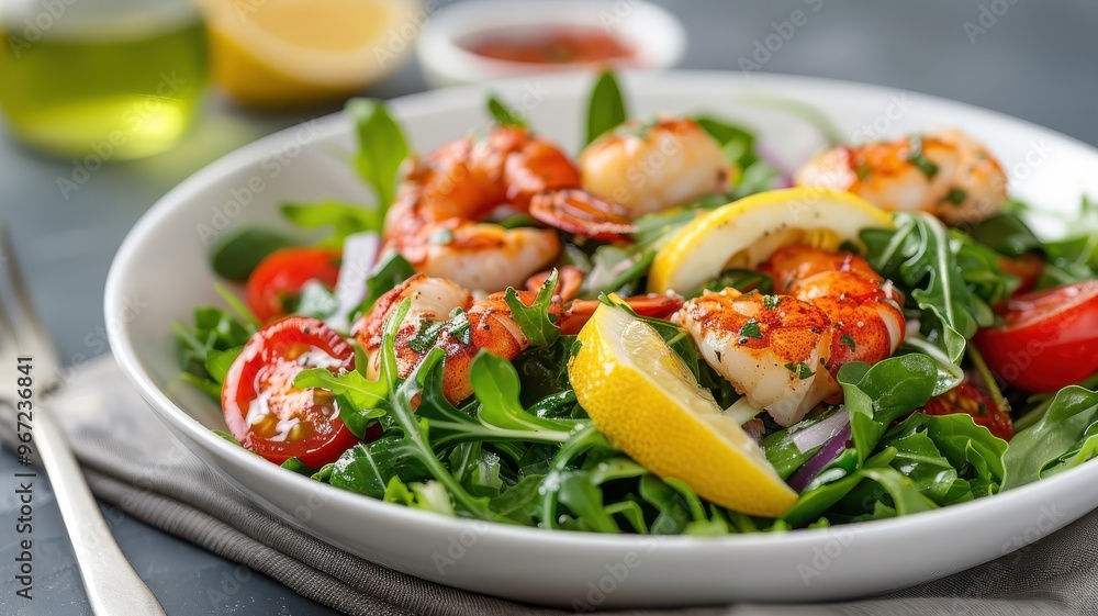 A colorful lobster salad with fresh greens, tomatoes, and lemon vinaigrette. A colorful lobster salad with fresh greens, tomatoes, and lemon vinaigrette.