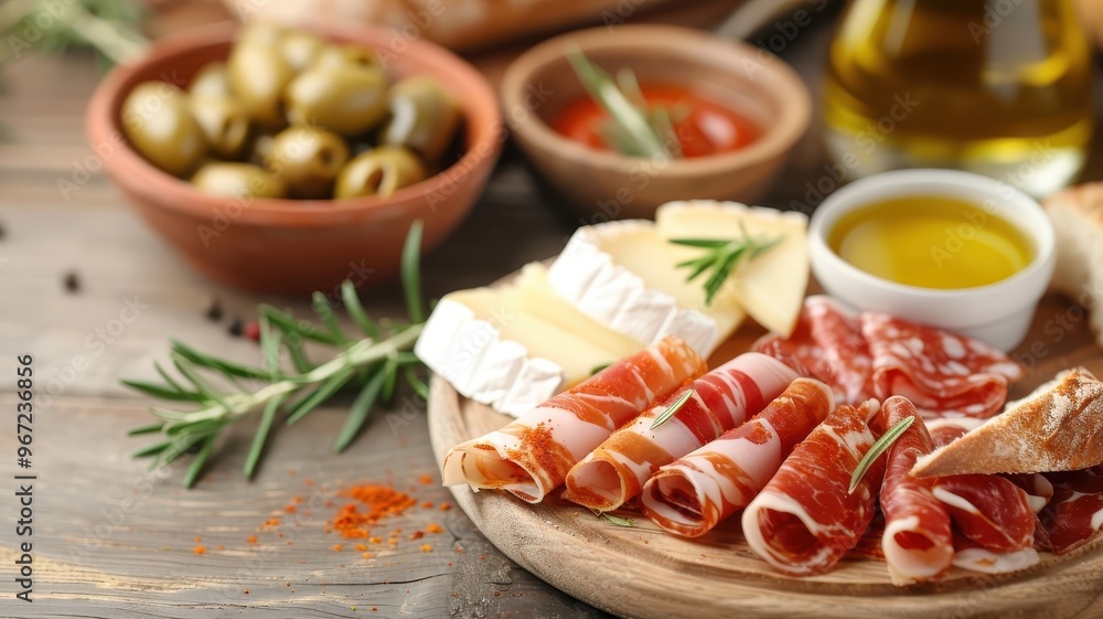 A platter of Spanish tapas featuring Manchego cheese, olives, cured meats, and bread.