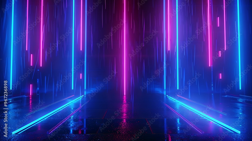 A captivating neon light backdrop with blue and pink beams creating a futuristic atmosphere. Stage for product presentation. A captivating neon light backdrop with blue and pink beams creating a futuristic atmosphere. Stage for product presentation.