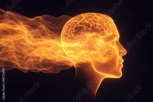 Mental projection creative power signal transmission fluidity and brainwave synchronization glowing orange head with fiery neural waves symbolizing mental clarity thought projection and energy photo