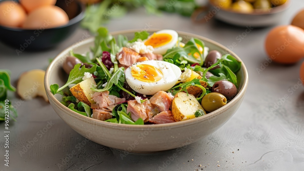 A colorful Niçoise salad with seared tuna, fresh greens, and vegetables.