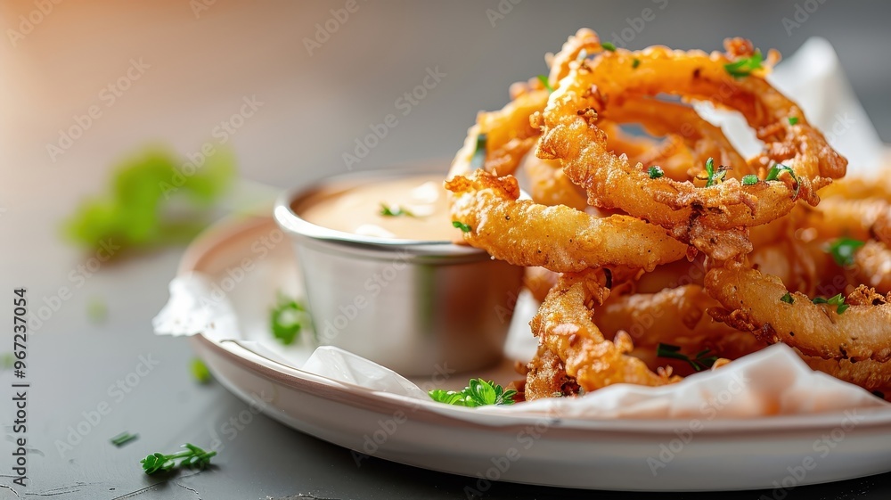 A platter of crispy onion rings with a zesty dipping sauce. A platter of crispy onion rings with a zesty dipping sauce.